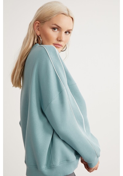 Grımelange Raketı Kadın Içi Polarlı Yumuşacık Bisiklet Yaka Biye Ve Parça Baskılı Relaxed Yeşil Sweatshirt
