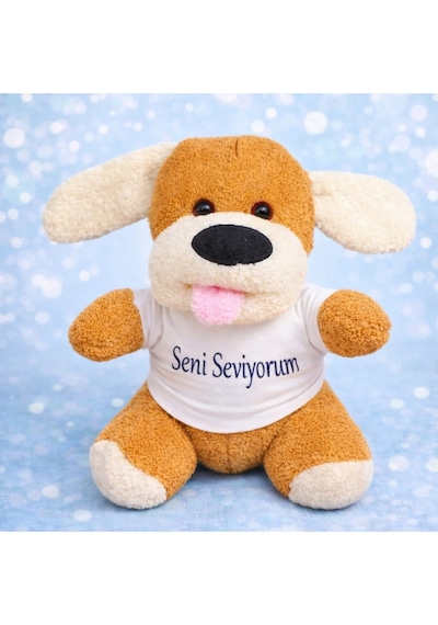 Seni Seviyorum Tişörtlü Sevimli Peluş Köpek Kahverengi