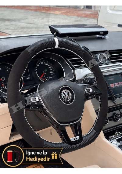 Vw Tiguan Dikme Direksiyon Kılıfı Alcantara Süet Mat Karbon Beyaz Yüzük Ve Dikiş 2016-2020 Siyah