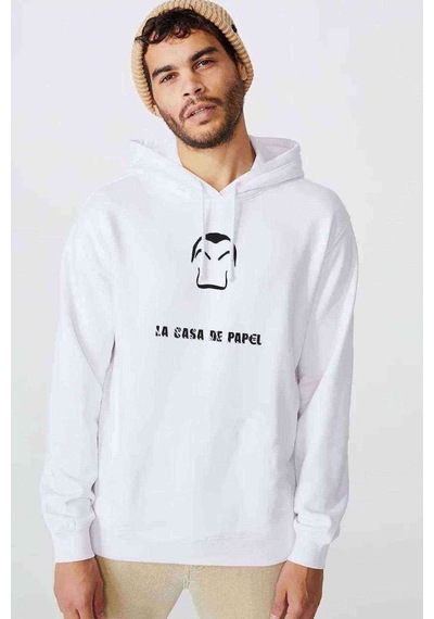 La Casa De Papel Dali & Yazi Baskılı Beyaz Erkek Kapşonlu Sweat