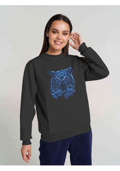 Blue Owl Baskılı Füme Antrasit Kadın Sweatshirt