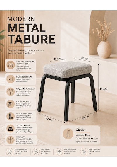 Metal Tabure - 4 Adet Açık Gri