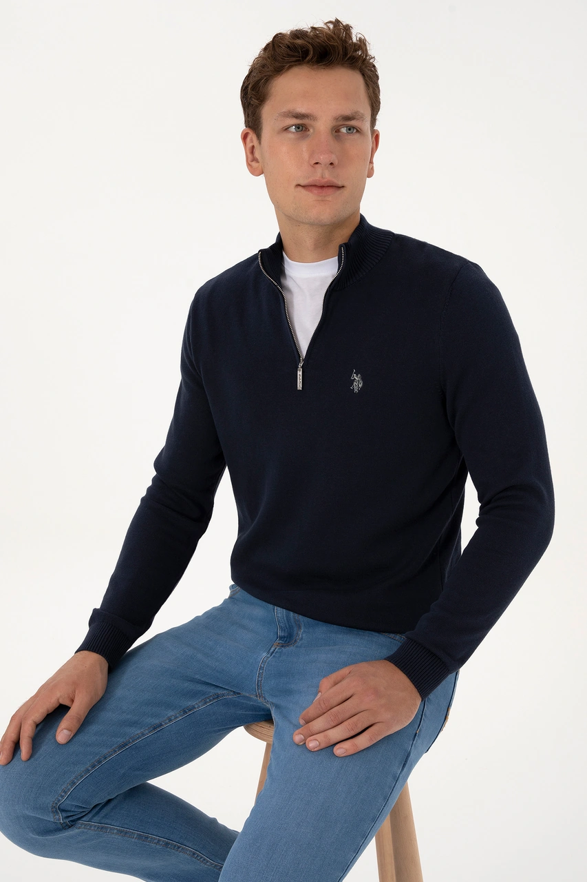 U.S. Polo Assn. Erkek Slim Fit Yarım Fermuarlı Lacivert Basic Kazak 50313695-VR033