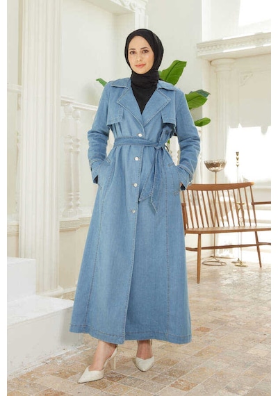 Neways 6458-Battal Allerli Denim Trençkot Mavi Mavi