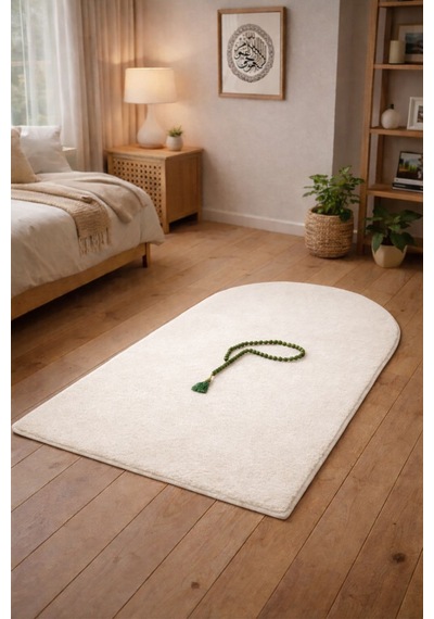 Raschel Carpet Dekoratif Yumuşak Yıkanabilir Diz Ağrıtmaz Kaymaz Taban Seccade Peluş Halı Namaz Halısı Krem