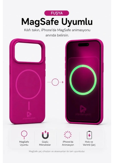 iPhone Uyumlu 17 Pro 6.3" Aura Akıllı Magsafe Animasyonlu Silikon Kılıf Fuşya