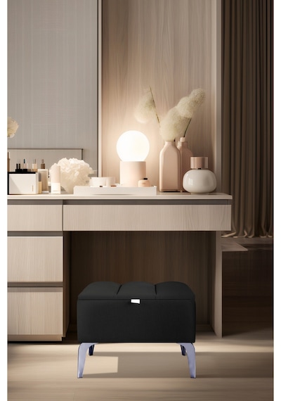 Vetra Mini Royal Siyah Kumaş Sandıklı Dekoratif Puf&bench-dilimli Model-gümüş Ayak-modern Puf
