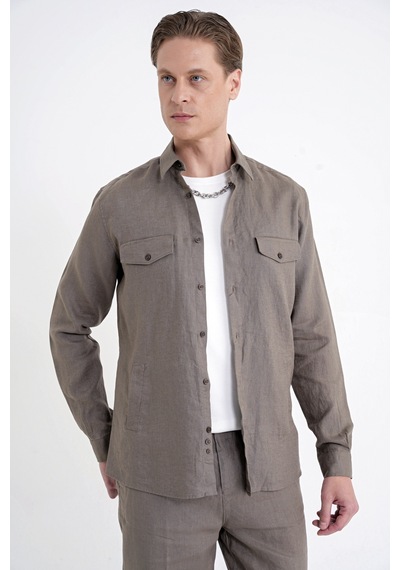 Comfort Fit Yan Cepli %100 Keten Haki Gömlek Ceket G 1602
