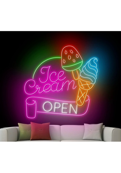 Ice Cream Open Yazılı Ve Şekilli Neon Tabela Çok Renkli