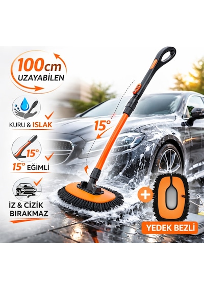 Polham 100cm Uzayabilen Teleskopik Saplı Kuru Islak Araç Temizleme Fırçası, İz Ve Çizik Bırkaz Fırça, Yedek Bezli