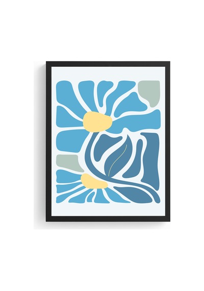 Doğal Ahşap Çerçeveli Retro Soyut Botanik Tablo - Mavi Tonlar Huhu2717