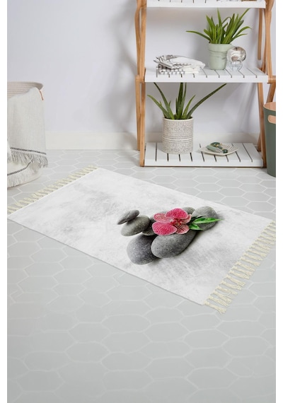 Banyo Halısı Dijital Baskılı Banyo Paspası 50x80 Polyester Kaymaz Tabanlı Duş Paspası Spa Beyaz - Siyah