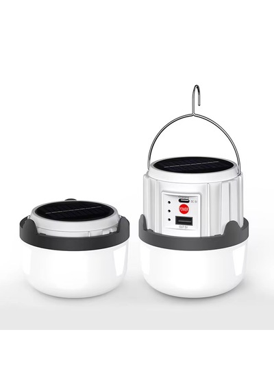 Solar Işıldak Şarjlı Kamp Feneri Usb + Çift Renk Yanma Askılı Solar Kamp Lambası 30w Beyaz - Mavi