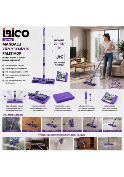İbico İ21-018 Mandallı Palet Mop - Mikrofiber Yedekli, 70-107 Cm Metal Uzayan Sap, 360 Diğer