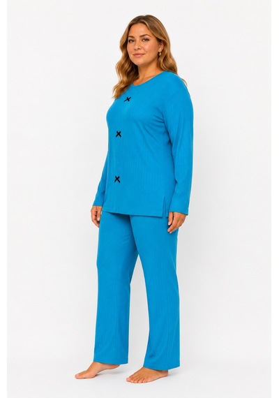 Sleeproom Büyük Beden Kadın Kaşkorse Mevsimlik Mavi Pijama Takımı
