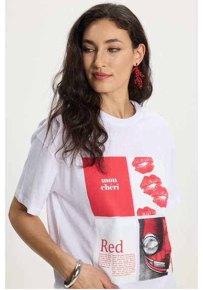 Tudors Kadın Oversize Geniş Kesim %100 Pamuk Bisiklet Yaka Kısa Kollu Baskılı Beyaz Tişört-50384