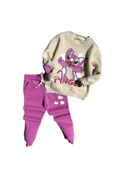 Riccotarz Kız Çocuk Stitch Karakter Ve Angel Yazı Baskılı Pembe Eşofman Takım Pembe