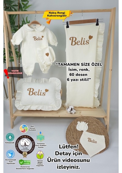Gros Shop Müslin Yeni Doğan 4katlı Organik %100pamuk Kişiye Özgü Nakışlı Hastane Çıkış Seti-kahverengi Kalpli Ekru