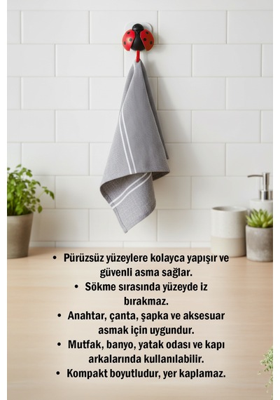 Uğur Böceği Tasarımlı Yapışkanlı Duvar Askısı Çanta Havlu Anahtar Askılık Diğer