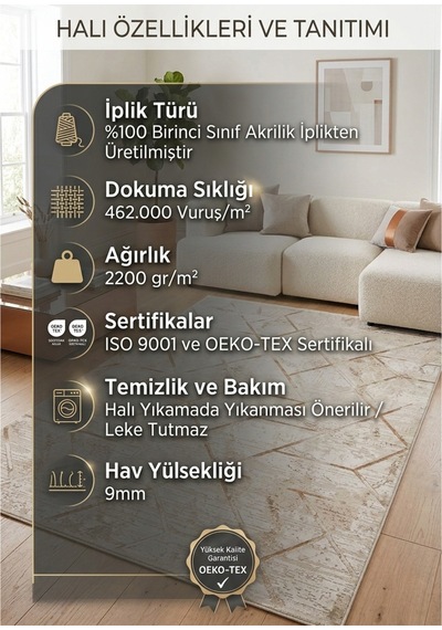 Premium Geometrik Desenli Akrilik Salon Halısı - 462.000 Vuruş Sık Dokuma - Leke Tutmaz Çok Renkli