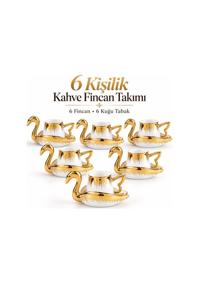 Valkyrie Kuğu Serisi 6 Kişilik 12 Parça Gold Kuğu Tasarımlı Türk Kahvesi Fincan Takımı Hediyelik Set Beyaz Altın