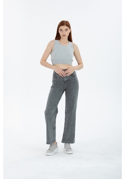 90's Kar Yıkama Kar Gri Likralı Süper Yüksek Bel Wide Leg Salaş Jeans Palazzo Pantolon Gri