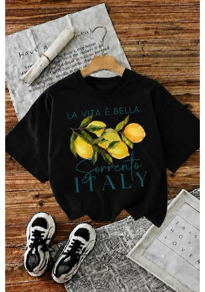 Bella Limon Ön Baskılı Oversize Pamuklu Kadın T-shirt SIYAH
