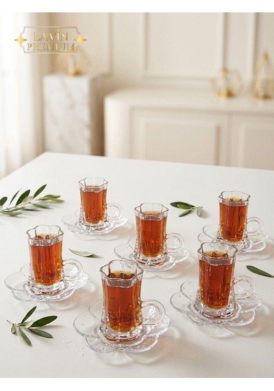 6 Kişilik Cam Lotus Çiçek Model Çay Fincan Takımı Seti 120ml Şeffaf