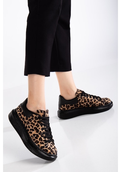 Erceka Günlük Spor Ayakkabı Kadın Sneaker Bağcıklı Leopar Siyah-beyaz-kahverengi Tam Siyah / Leopar