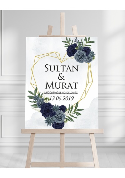 Söz Nişan Düğün İçin 50x70 Karşılama Panosu - Kalpli Çiçek Tasarımlı Beyaz