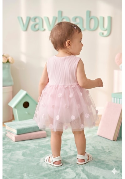 Kız Bebek Gül Nakışlı Tül Detaylı Tütü Elbise Pembe