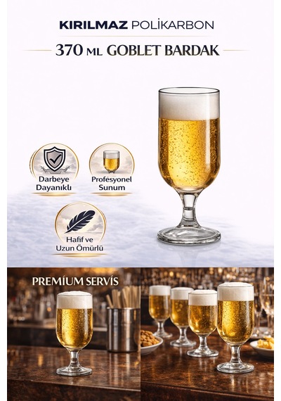 Kırılmaz Polikarbon Goblet Bardak 370 Ml Cam Görünümlü Bira & Kokteyl Kadehi Şeffaf