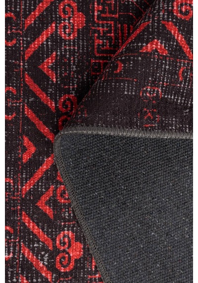 Artloop Relic Siyah Kırmızı Vintage Minimal Etnik Geometrik Desenli Dokuma Tabanlı Şönil Halı Al 563