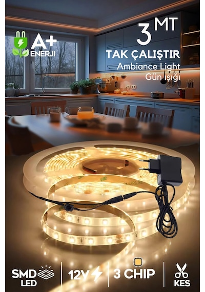 Şerit Led 3 Metre Gün Işığı 3 Çipli Aydınlatma Mutfak Salon Yatak Odası Led Işık