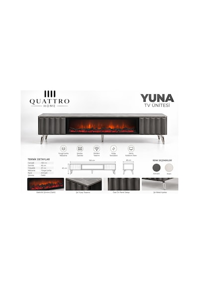 Yuna Antrasit Şömineli Tv Ünitesi 160 Cm Modern Metal Ayaklı Yuna Antrasit Şömineli Tv Ünitesi 160 Cm Modern Metal Ayaklı