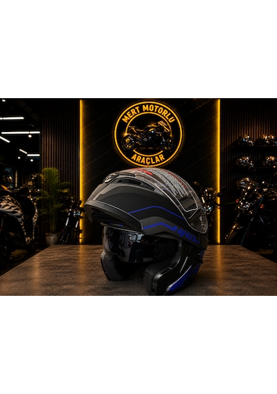 Jk 902 Az Blue Çene Açılır Motosiklet Kaskı Mat Siyah - Mavi