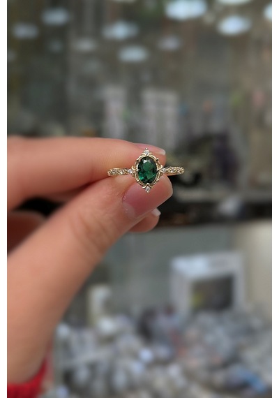 925 Ayar Gümüş Rose Gold Oval Kesim Yeşil Taşlı Vintage Tasarım Kadın Yüzük Sarı