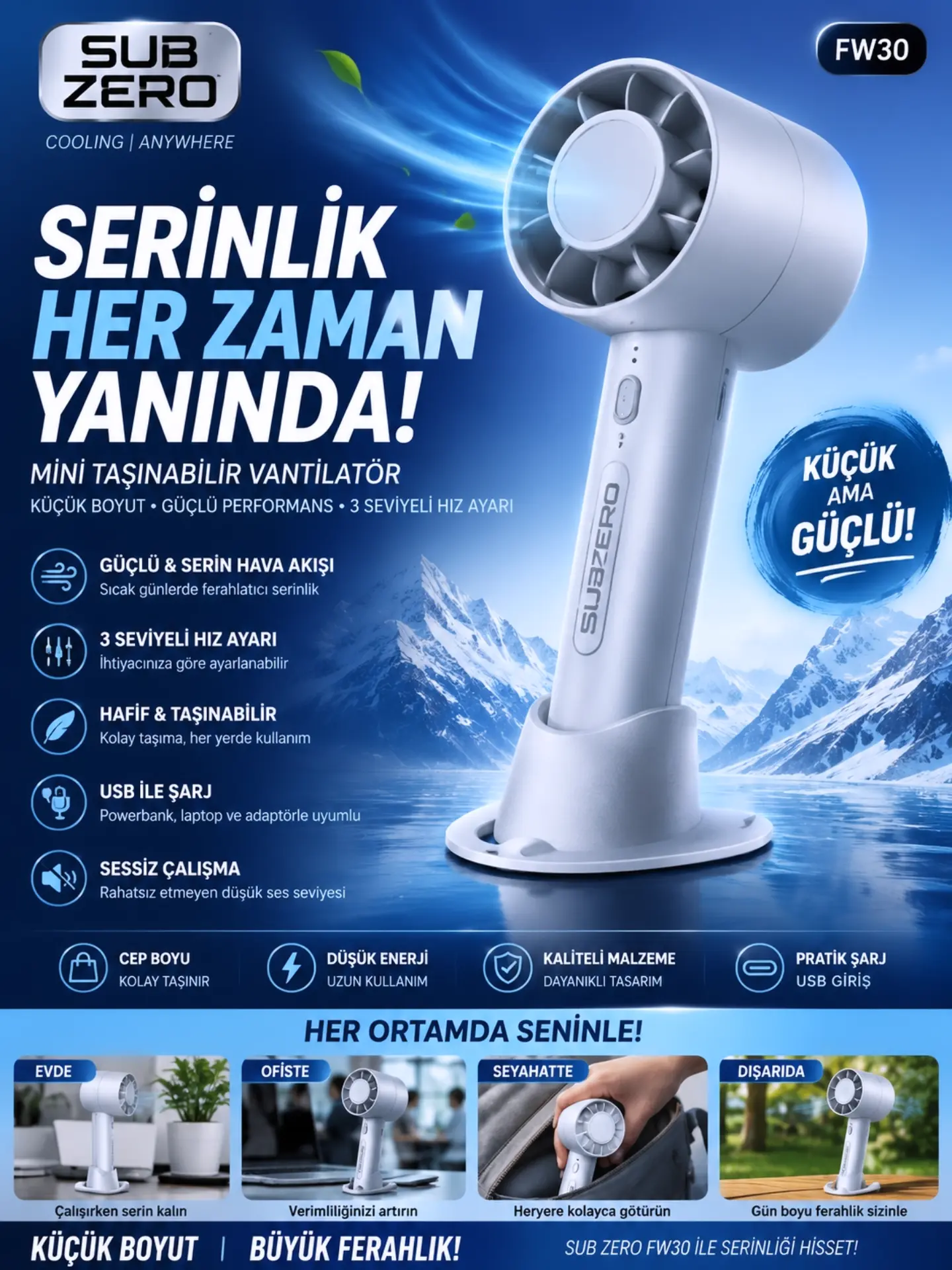 Subzero Fw30 Şarjlı Taşınabilir Mini El Vantilatörü 3 Kademeli Telefon Standı Masaüstü Fan Beyaz/ Pembe