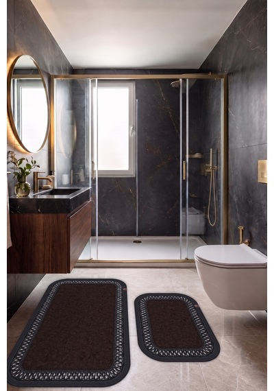 Banyo Paspası Takımı 70x110+50x70 Cm İç Trikot Acı Kahve & Siyah