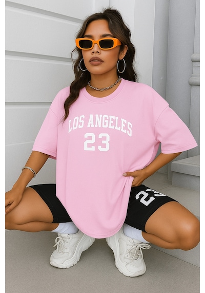 Los Angeles Baskılı Oversize Unisex Tişört Pembe