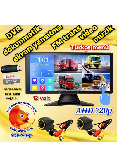 2 Adet Balık Gözü 720p Ahd 170'' Kamera Dokunmatik 10.36'' Video Müzik Dvr Ekran Seti 12 V