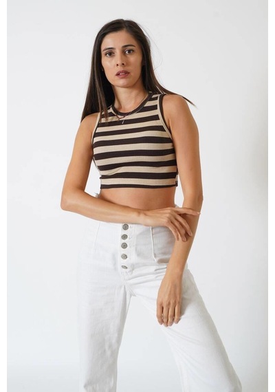 Ckm Moda Adrian Yüksek Kalite Kadın Yuvarlak Yaka Çizgili Crop Bluz Kahve