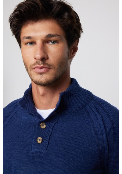 Tudors Erkek Slim Fit Dar Kesim Dik Yaka Düğmeli Lacivert Triko Kazak-29593 Lacivert