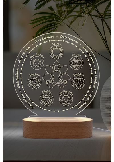 Yoga Çakra Sembollü Kişiye Özel Ledli Gece Lambası Masif Ahşap Tabanlı Usb Kablolu Pleksi Led Gece Lambası