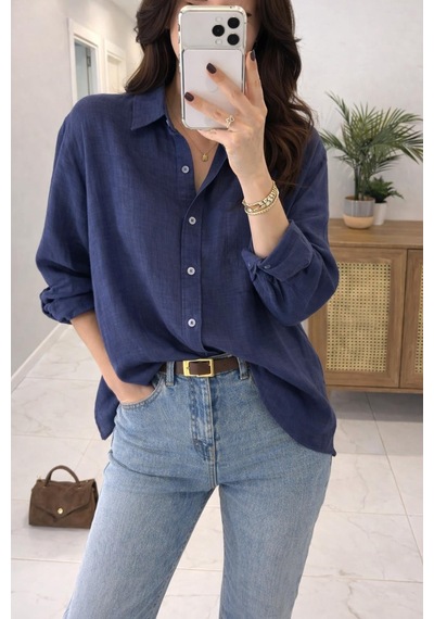Lijuri Siyah Oversize Keten Gömlek 3510 Lacivert