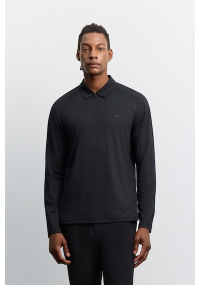 Avva Erkek Siyah Polo Yaka Düğmeli Teknik Kumaş Uzun Kol Basic Regular Fit T-shirt A62y1015