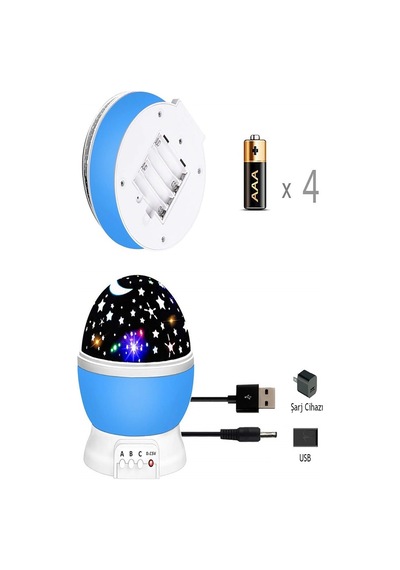 Buffer Yıldız Ay Led Bebek Çocuk Dekoratif Dönen Gece Lambası Mavi