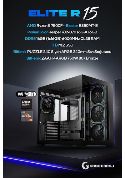 Game Garaj Elite R15 R5-7500F 16 GB 1 TB SSD RX9070 Dos Masaüstü Oyuncu Bilgisayarı