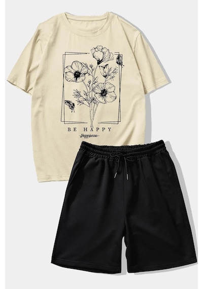 Uyguntarz Unisex Be Happy Baskılı Şort Takım Bej