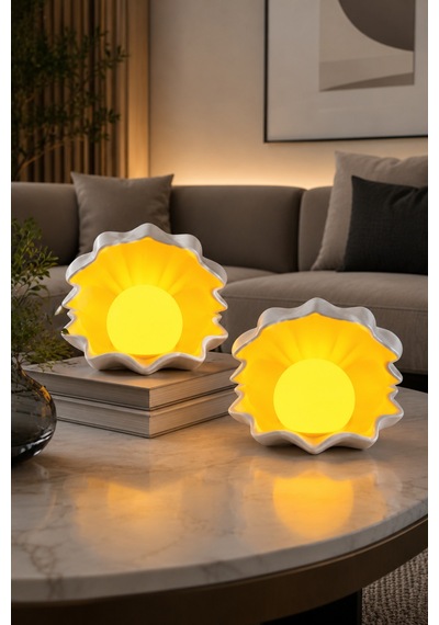 Deniz Kabuğu Led Gece Lambası 2'li Set 2 Led Mum Hediyeli Dekoratif Ortam Aydınlatması Beyaz